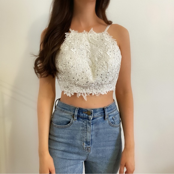 Vintage Tops - White lace rhinestone jewel cami crop top shirt formal coquette